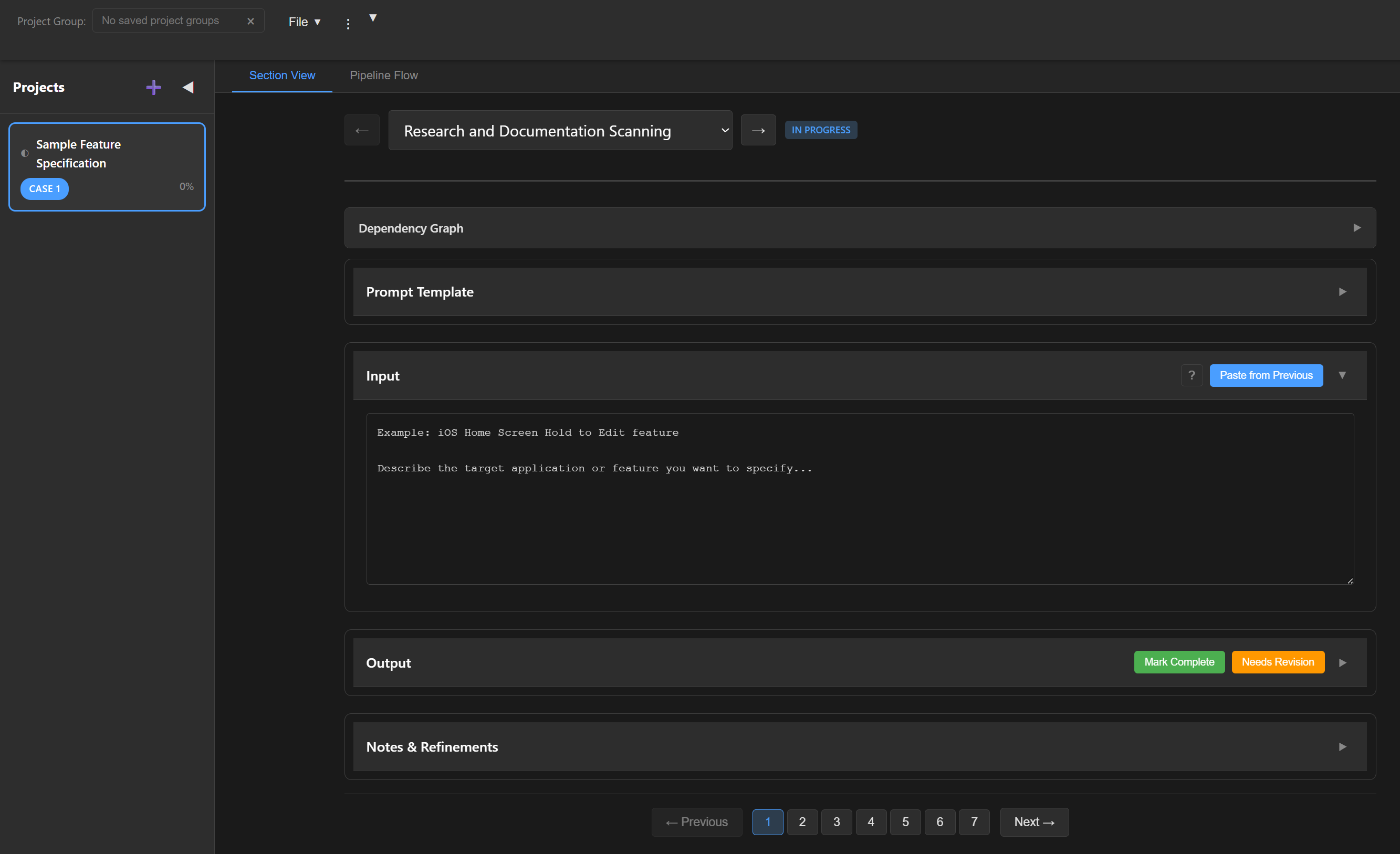 FeatSpec sample feature specification in section view