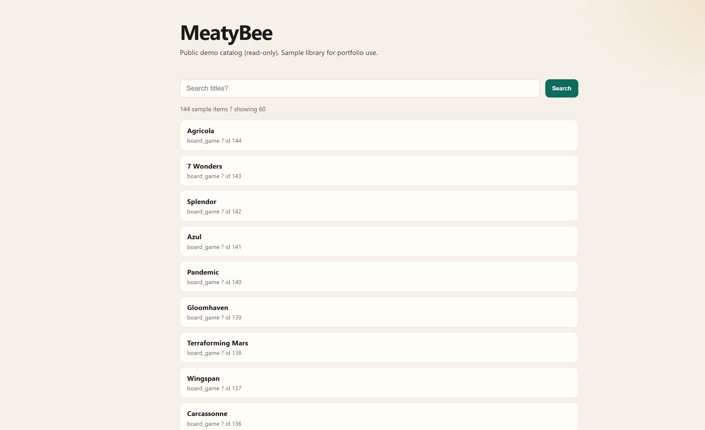 MeatyBee searchable public demo catalog